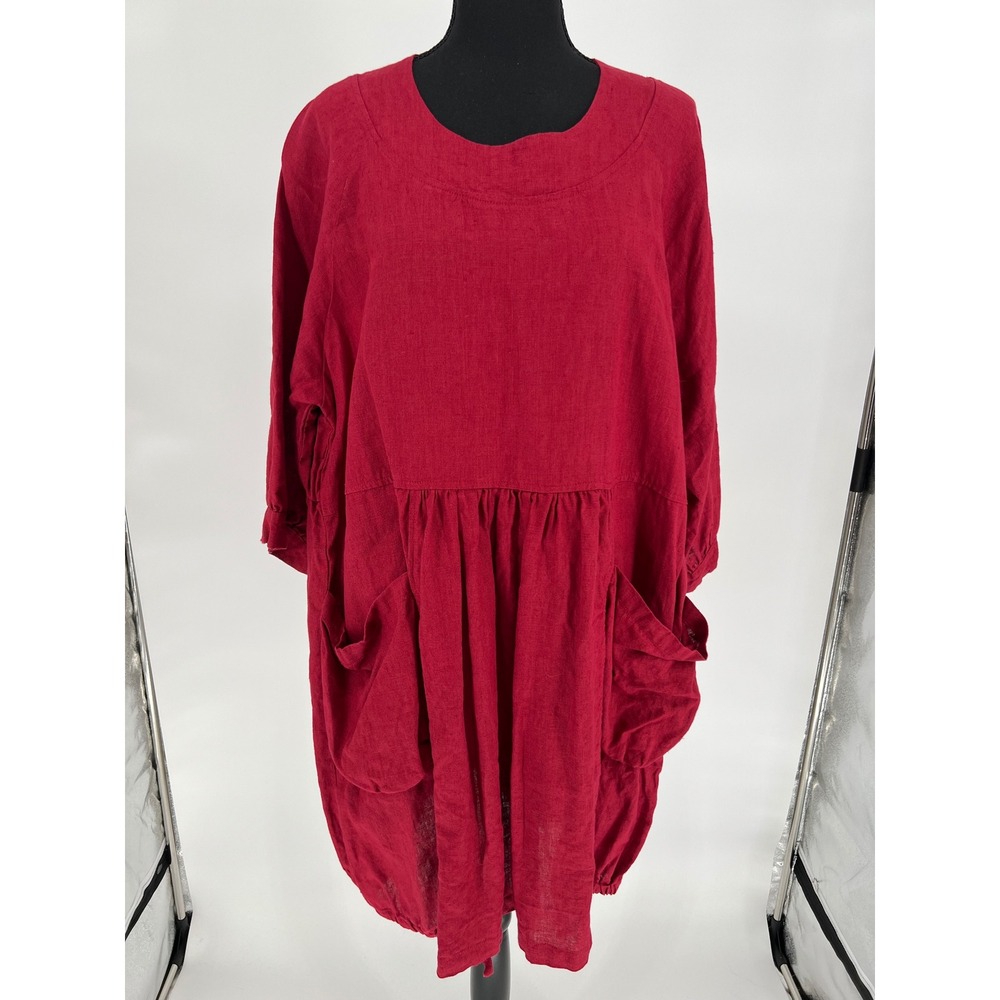 LINENBEE Linen Tunic Dress Women L Red Pockets Lagenlook Pockets Adjustable Hem